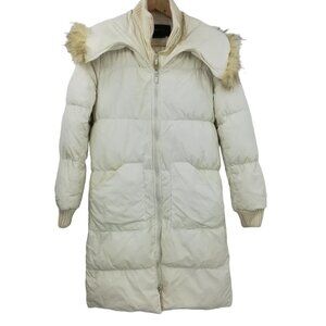 BCBG Max Azria Down Long Puffer Jacket Size S Cream Racoon Fur Collar Double Zip
